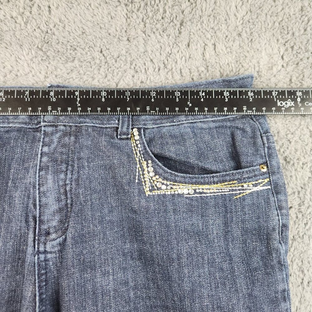 Women's Bootcut Mid Rise Dark Wash Jeans Size 14 Blue Embroidered Embellished - Picture 4 of 9